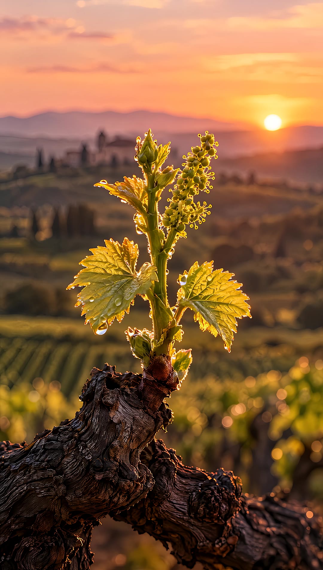 A young vine shoot in flower on an old vine at sunset; scroll to watch it become a bottle of Pour mon Père